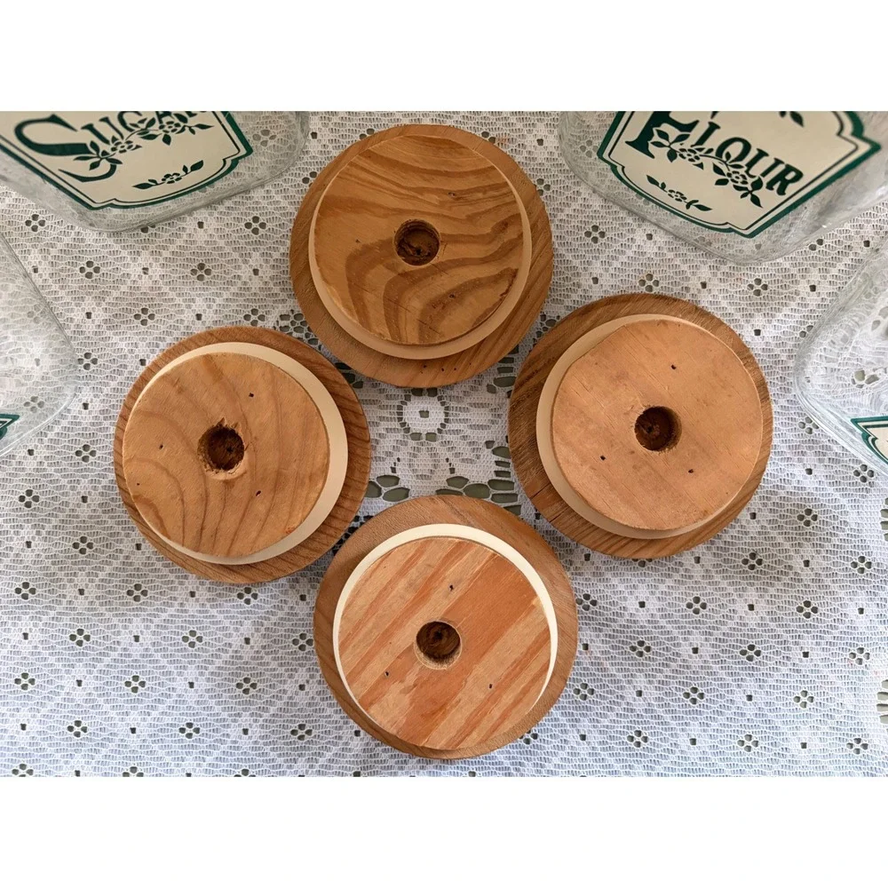 Vintage Anchor Hocking Glass Canister Set 4pc Green Floral Wood Lids